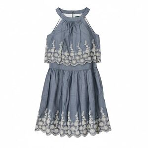 Pim + Larkin Chambray Halter Dress Sz 2 Blue Lace Prairie Garden Party Feminine